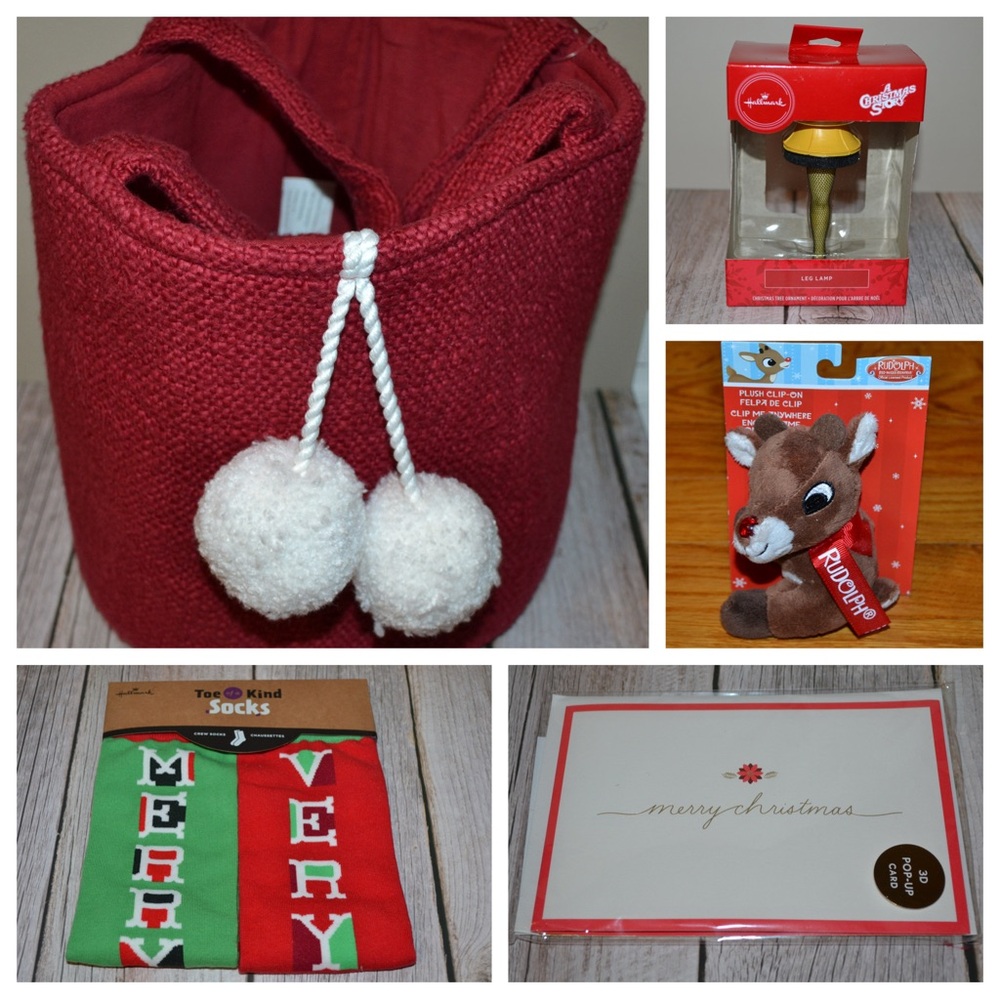 Hallmark Christmas red storage bag, socks, Leg Lamp ornament, Rudolph - NEW